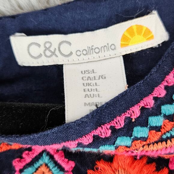 C&C California Sleeveless Dress Large Navy Embroidered Boho Cotton Lined Pockets - Picture 9 of 11